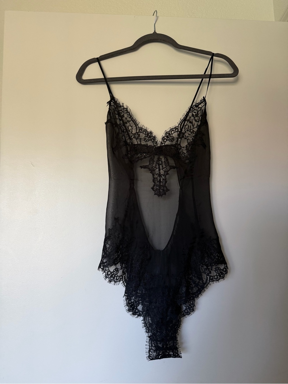 SKIMS Black Sheer Lace-Trim Teddy Bodysuit
